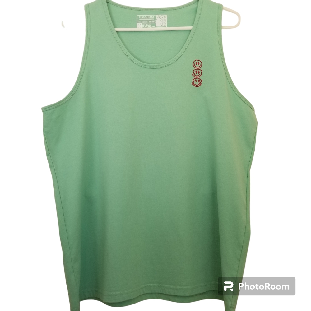 Dutch Bros Green Tank Top with Red Smiley Faces